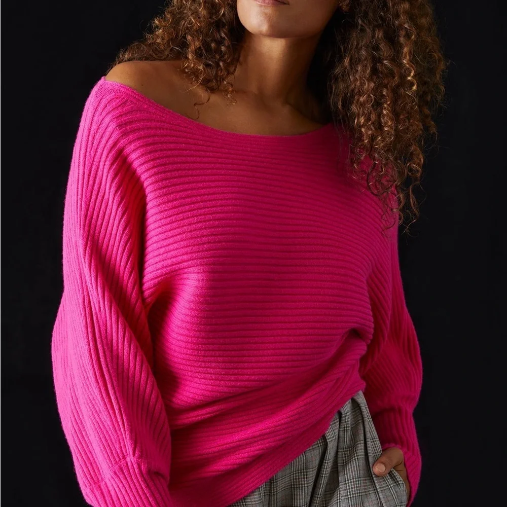 By Anthropologie Ribbed Pullover Pink Wide Neck Sweater Small